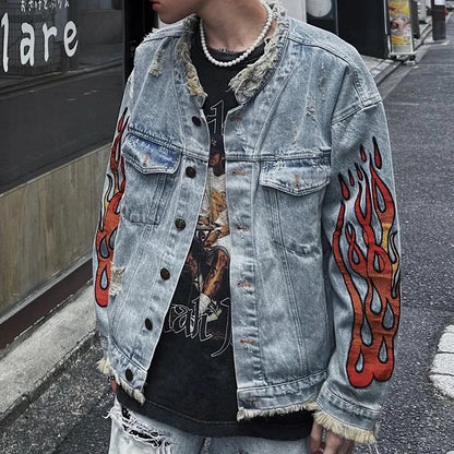 sanyamk High Street Cleanfit Ripped Flame Embroidery Hole Washed Blue Denim Jackets Men and Women Vintage Frayed Baggy Jeans Coat