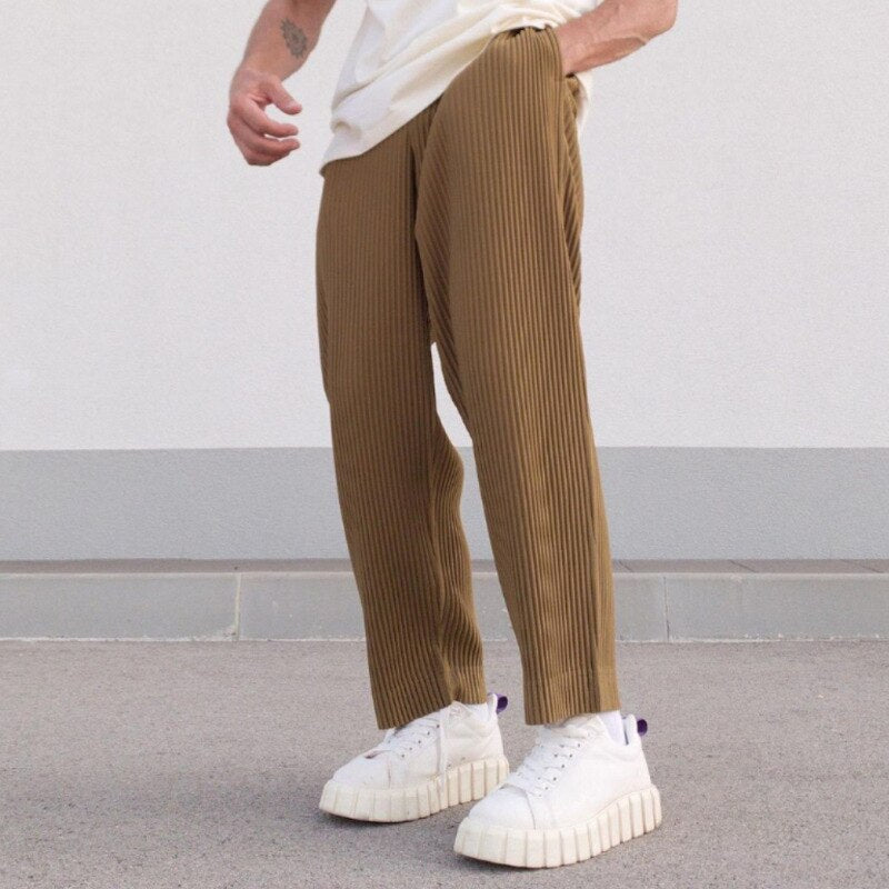 Bonsir Spring Autumn Mens Fashion Solid Ribbed Pants Casual Elastic Waist Loose Straight Trousers For Men New Streetwear Long Pant