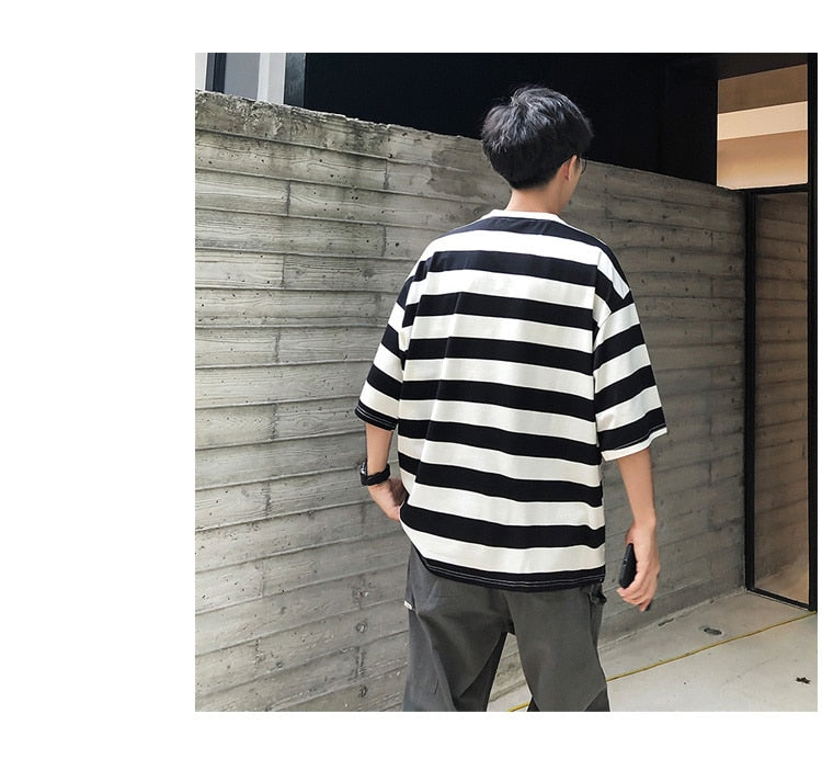 Bonsir New stripe Mens T Shirt Cotton  Summer  Male Oversized Tee Shirts 5XL Big Size Japanese Harajuku street Fashion Clothing