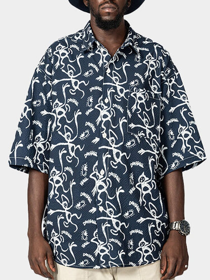 Bonsir Men's Short Sleeve Printed Shirt: American Streetwear, Loose Fit, Oversized, Trendy