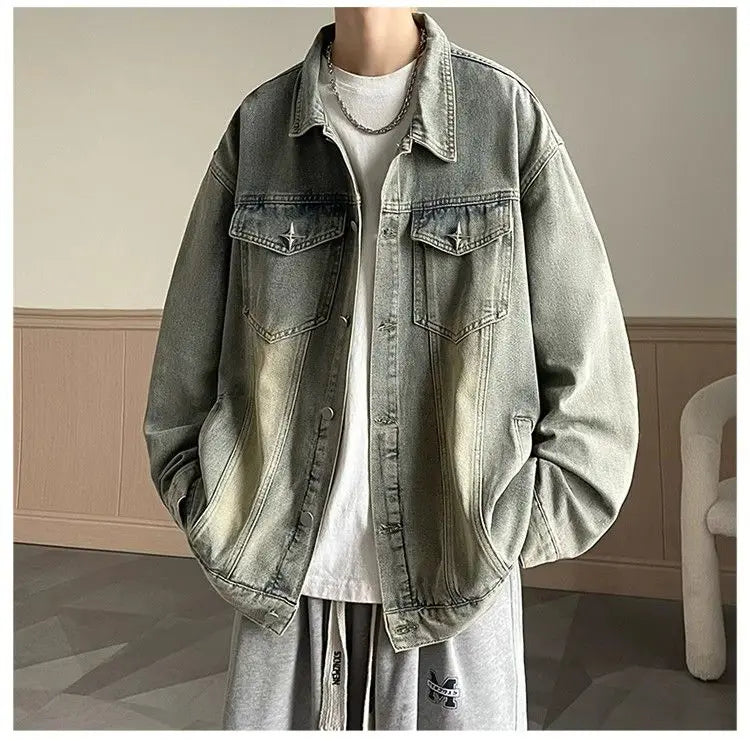 sanyamk Versatile Fashion Atutumn Winter Men's Solid Casual Loose Pockets Denim Jacket Retro Coat Cool Boys Patchwork Pockets