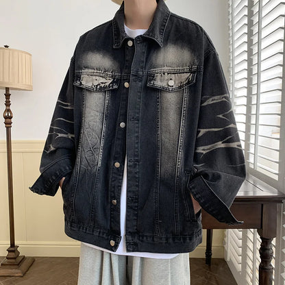sanyamk American Style Gradient Denim Jacket Autumn High Street Causal Loose Ruffian Handsome Top Jackets Men Overcoat Male Clothes