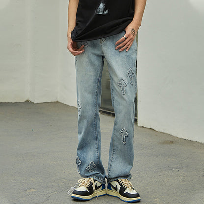 sanyamk  Cross Patch Jeans Men Hip Hop Streetwear Fashion Vintage Pants High Street Pants White Baggy Denim Light Color Jeans
