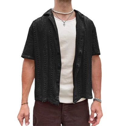 sanyamk Summer Mens Knitted Shirts Beach Casual Solid Color Short-sleeved Button Lapel Knit Cardigan Men Tops Knitting Embroidery Shirt