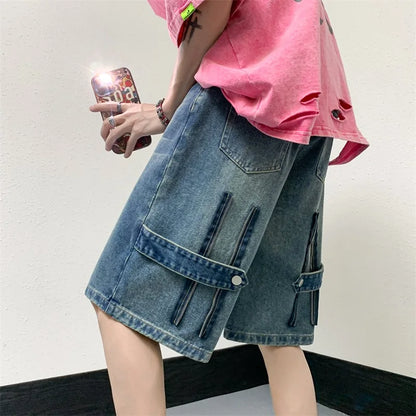 sanyamk Men Patchwork Oversized Jeans Shorts Streetwear Harajuku Denim Shorts New Hip Hop Vintage Blue Summer Casual Loose Shorts