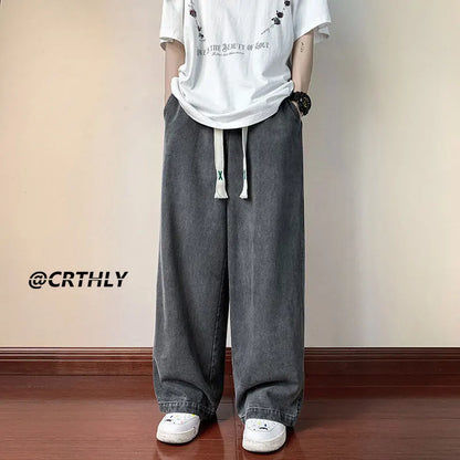 sanyamk Ripped Casual Men Jeans Pants Straight Wide Leg Harajuku Oversize Streetwear Denim Trousers