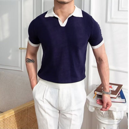 sanyamk New Summer Polo Shirt Color Contrast Knitted Polo Mens Polo Collar Versatile T-Shirt Fashion Trend New Product