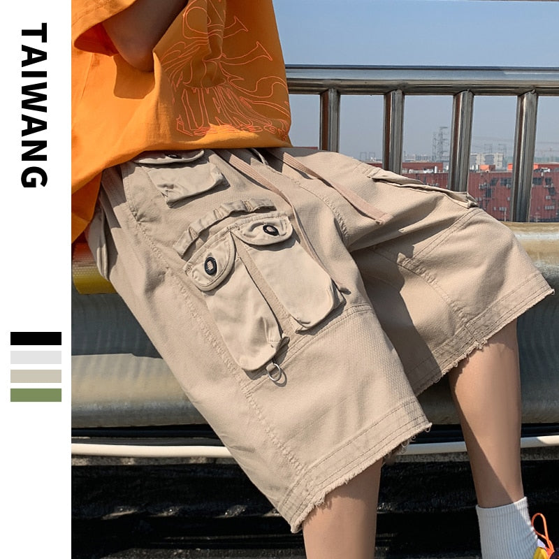 sanyamk Summer New Hot Sale Shorts Men Zipper Fly Solid Cargo Pants Japanese Multi-pockets Hip Hop Shorts Straight Tube Overalls