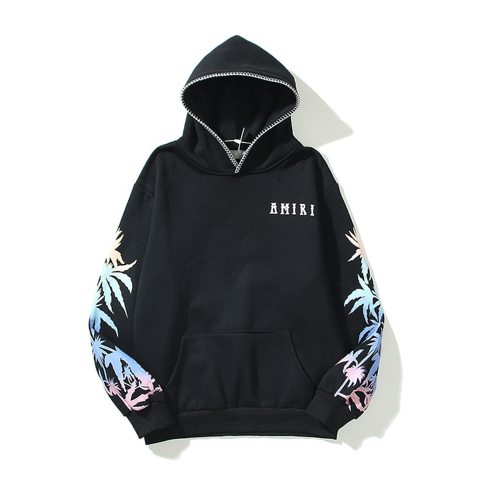 Bonsir High Street Hoodies Loose Couple Palm Tree Print Embroidery Casual All-match Hooded Sweatshirt Streetwear Pullover 24H shipped