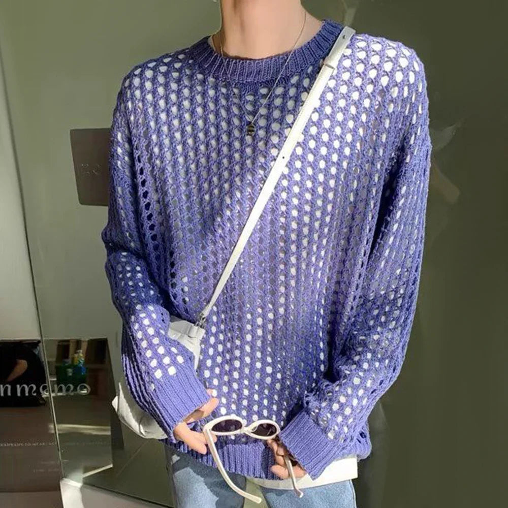 sanyamk Casual Pullovers Hollow Out Outfits Fishnet Smock Tops Men Fashion Loose Long Sleeve See-though Knit Shirts Y2k Sexy Holes Shirt