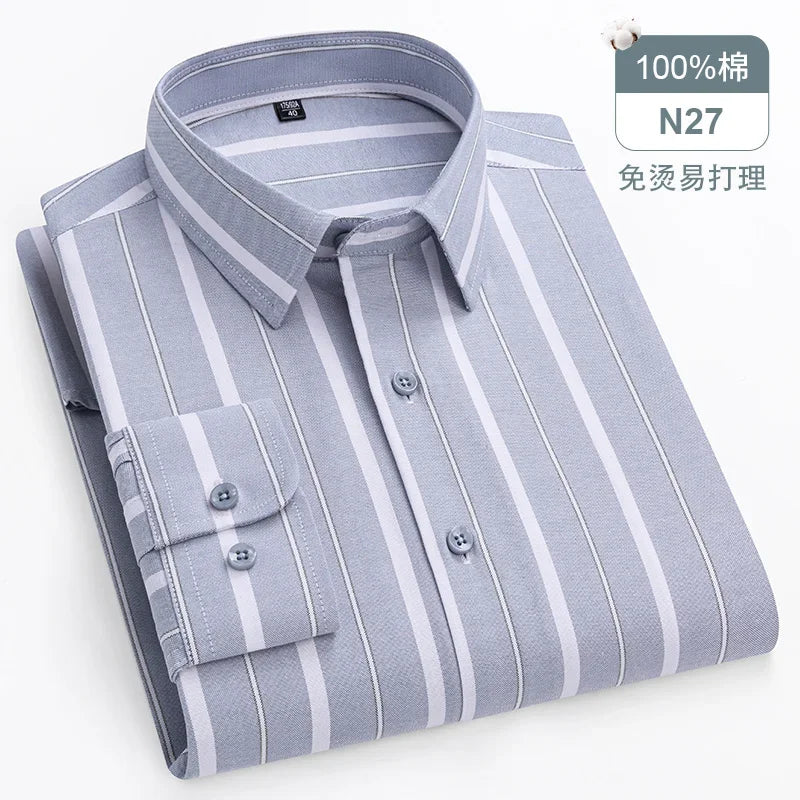 sanyamk Quality 100%Pure Cotton Men Long Sleeve Social Shirt for Oxford Shirt Men Plaid Striped Work Casual Shirt Male Regular-Fit S-8XL