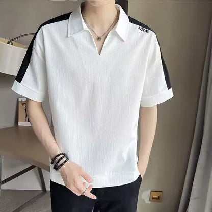 sanyamk Summer New Korean Fashion Trend Versatile Short Sleeved Polo Shirt Men's Lapel Patchwork Design Embroidery Loose Casual Thin Top