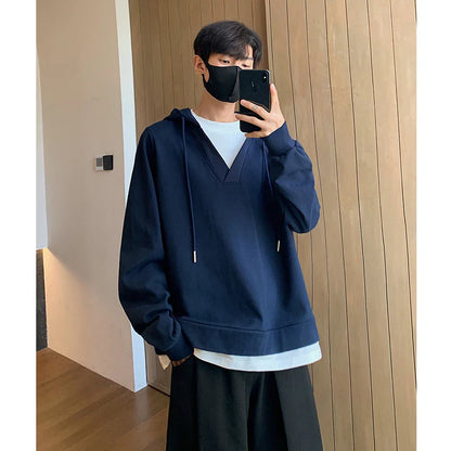 sanyamk  -  American Style Men's Hoodies Fake Two-piece Hooded Drawstring Loose Solid Color Casual Pullover Male Sweatshirts New 9C7274