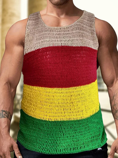 sanyamk New Men Loungewear Fashion Vest, Summer Holiday Sleeveless O-Neck Simple Pullover Shirts, Striped Knitted Tank Tops