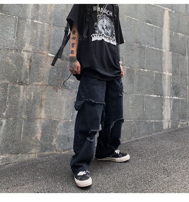 Bonsir High Street Dark Personality Destroys Raw Edge Fake Two Trendy Jeans Ripped Harajuku Punk Wide-leg Straight Denim Pants Black