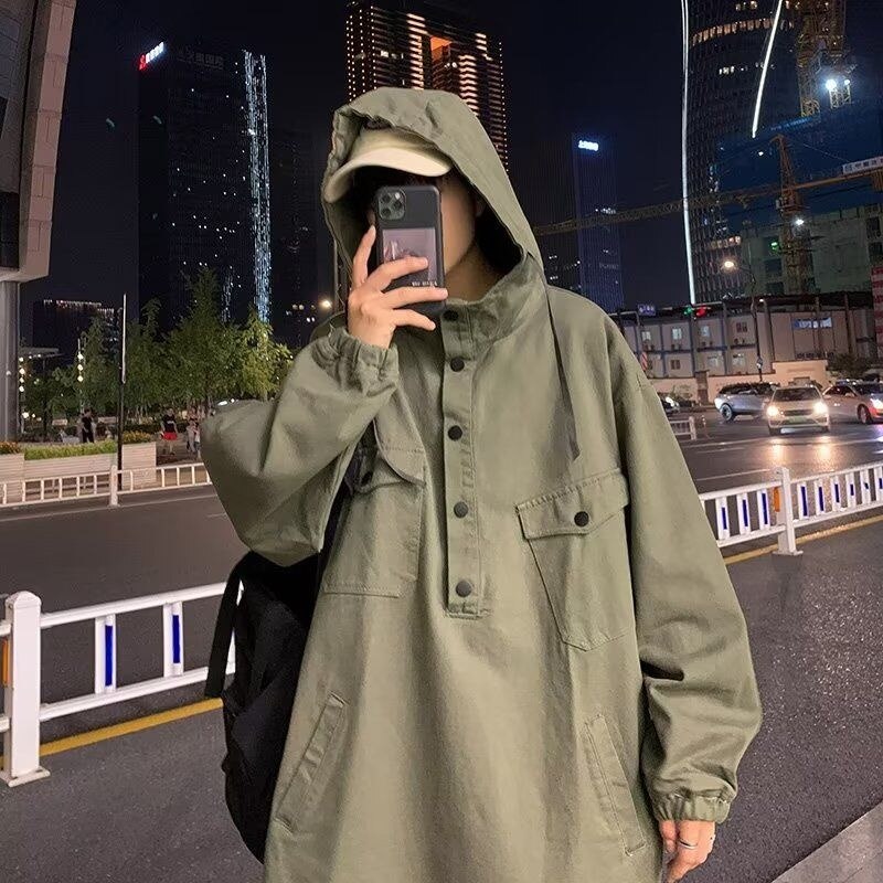 sanyamk Autumn Pullover Jackets Men Fashion Retro Pocket Hooded Jackets Mens Japanese Streetwear Hip Hop Loose Bomber Jacket Men M-3XL