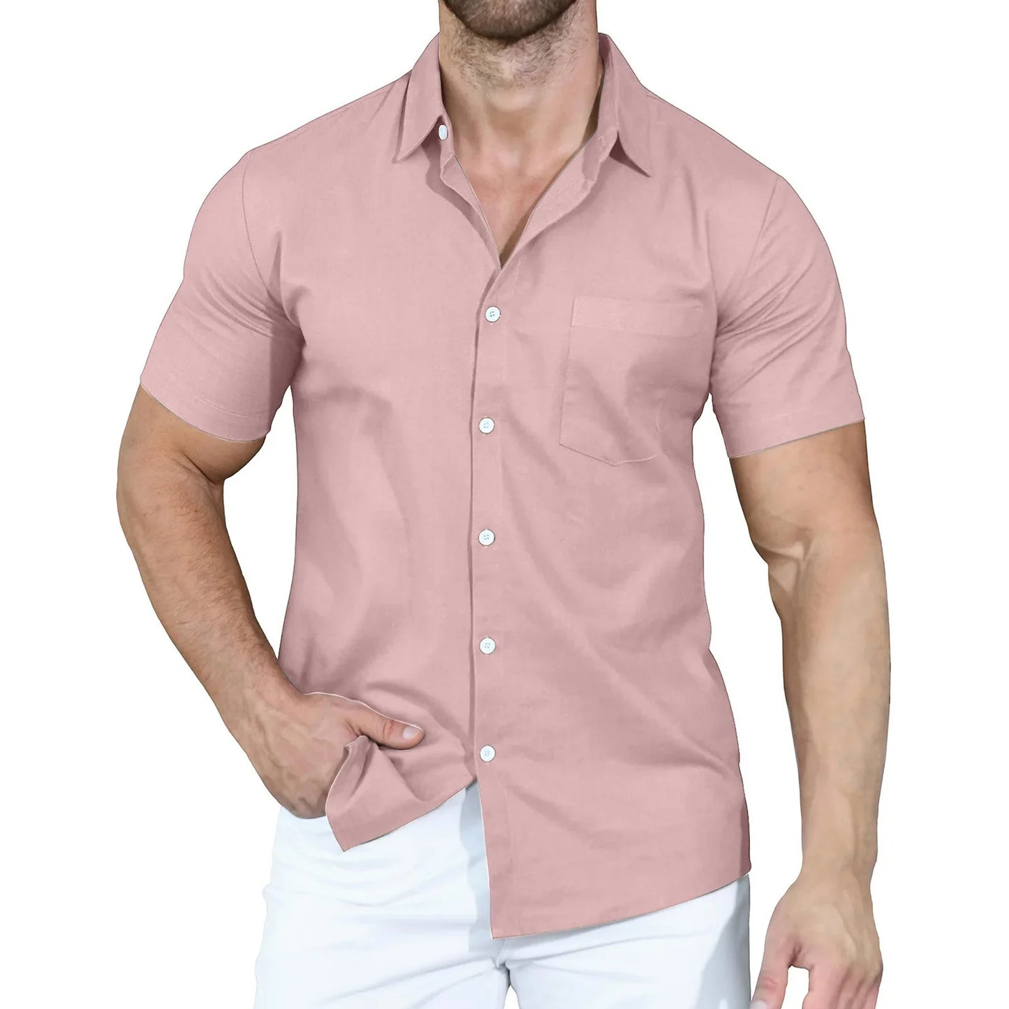 sanyamk 2024 Summer New Men's Shirts Cross border Solid Color Polo Button Loose Short Sleeve Shirt for Men