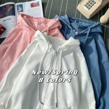 Bonsir Solid Color Hoodie Womens Casual Zipper Jacket New Korean Style Fashion Casual Retro Loose Oversized Hooded Sweatshirt Tops