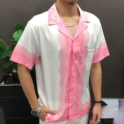 Bonsir Pink Flower Print Shirt Short Sleeve Casual Men Shirt Streetwear Summer Camisa Fashion Masculina Shirt Moda Hombre