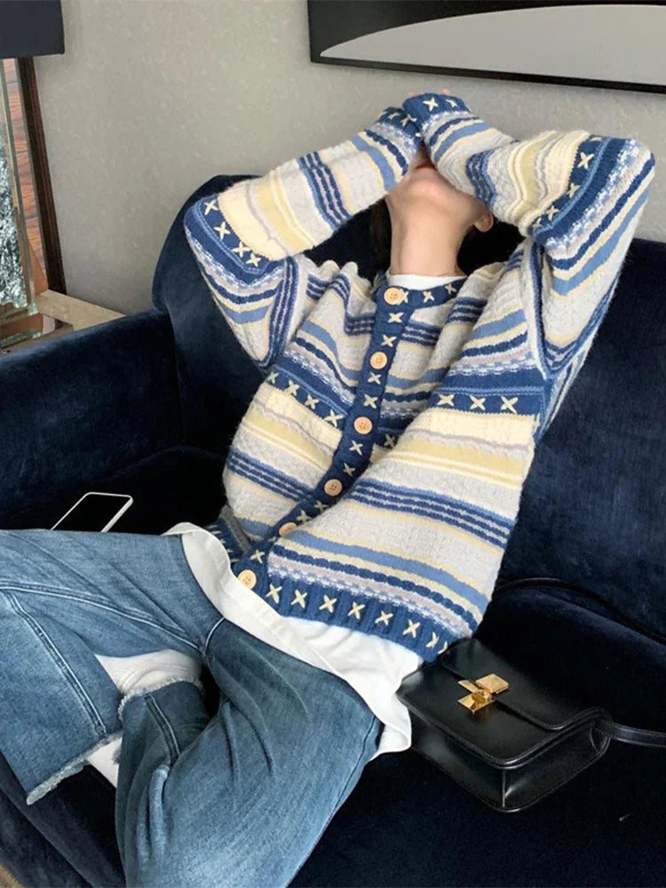 sanyamk Vintage Cardigan Sweater Men Blue Long Sleeve Striped Sweater Coat V-neck Casual Knitted Jumpers Male Korean Clothes