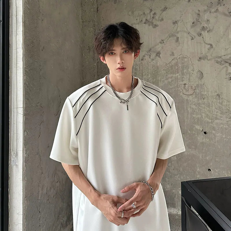 sanyamk  -  Men T-shirt Striped Shoulder Pad Short Sleeve Tee Fashion Oversized t-shirts for men Korean Style Hip Hop Clothes Black White