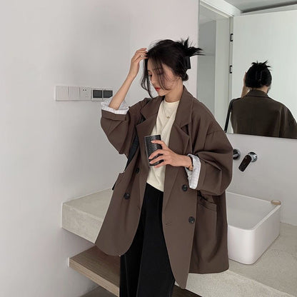 sanyamk New 2022 Vintage Loose Women Solid Blazer Autumn Chic Double Breasted Female Long Sleeve Suit Jackets Stylish Ladies Blazer