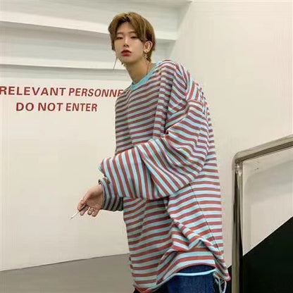 sanyamk Men's Striped Printing Hoodies Hip Hop Coats Fashion Sweatshirts Loose Hole Long Sleeve Pullover Oversized Bottomed Shirt