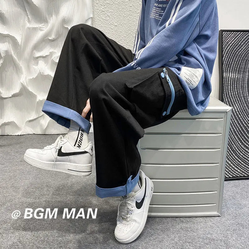 sanyamk Spring Autumn Casual Print Patchwork Cotton Wide Leg Pants Man Loose Y2k Pocket Hip Hop Cargo Straight Male Trousers Streetwear