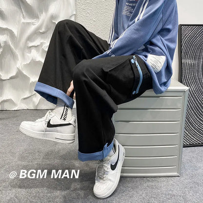 Bonsir Spring Autumn Casual Print Patchwork Cotton Wide Leg Pants Man Loose Y2k Pocket Hip Hop Cargo Straight Male Trousers Streetwear