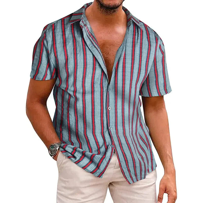 sanyamk Fashion Shirt Striped Print Summer Business Casual Short-Sleeved Tees Tops Mens Blouse Hawaiian Shirts Oversized Men's Clothing