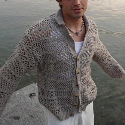 Bonsir Casual Solid Color Hollow Knitted Cardigans Men Autumn Fashion Loose Long Sleeve Button-up Sweater For Mens Lapel Knitting Shirt