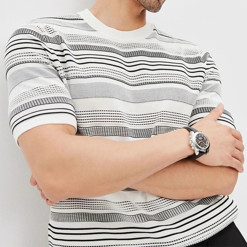 sanyamk New Fashion Slim O Neck T Shirt Knit Mens Short Sleeve Knitting Tops 2024 Spring Summer Casual Striped Knitted Tee Men Pullovers