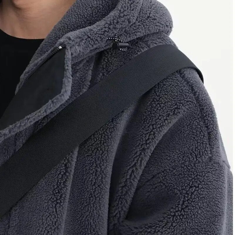 sanyamk Winter Thick Warm Oversized Dark Grey Sherpa Jackets Autumn Men Hoodie Zip Up Fluffy Loose Casual Faux Lamb Fur Male Coat