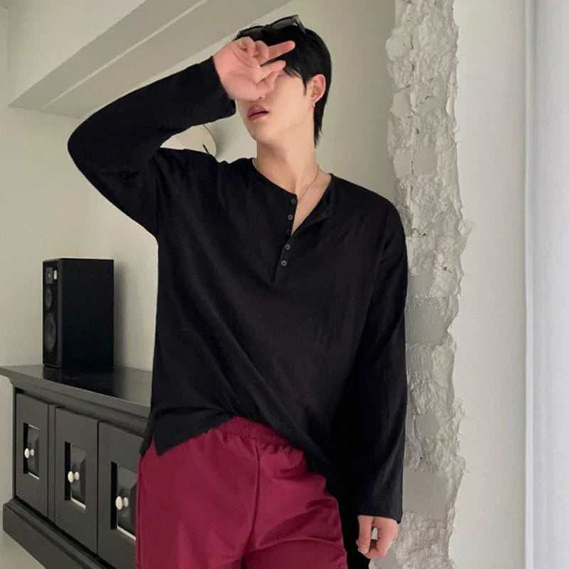 sanyamk  -   New Fashion Men's T-shirts Button Long Sleeve Autumn Menwear Pullover Solid Color Male Clothing Trendy Autumn Simple 9C7800