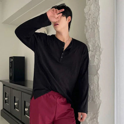 sanyamk  -   New Fashion Men's T-shirts Button Long Sleeve Autumn Menwear Pullover Solid Color Male Clothing Trendy Autumn Simple 9C7800