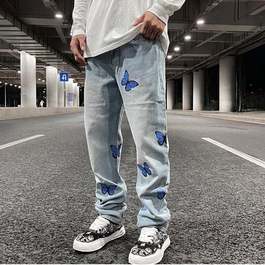 sanyamk Harajuku Butterfly Print Washed Blue Jenas Pants for Mens Retro Straight Vibe Style Ripped Casual Denim Trousers Oversized