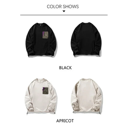 sanyamk  -   Hem Drawstring Black Sweatshirts Man 2024 Autumn Winter New O Neck Zipper Fashion Baggy Men Pullover Casual Couple Tops