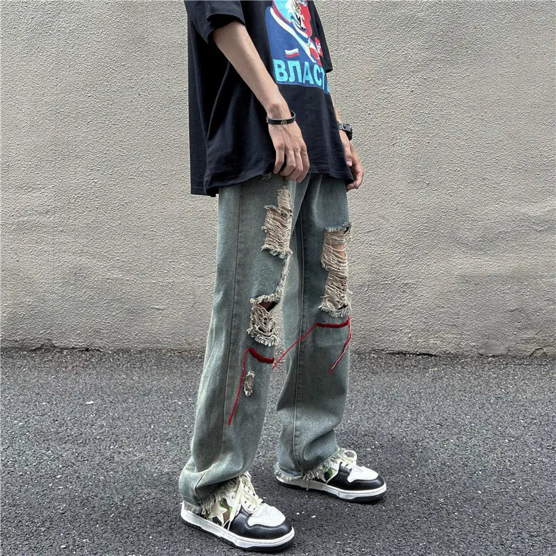 Bonsir Street high Street pants ins trendy embroidered worn-out hole denim jeans men men's beggar floor mop pants streetwear New