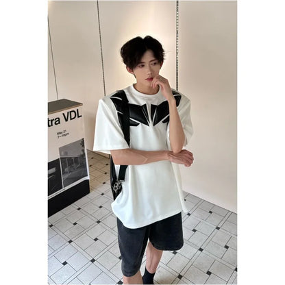 sanyamk  -  Summer Fashion Men T-shirts Black White Contrast PU Leather Patchwork Short Sleeve Tops Tees Hip Hop High Street Clothing