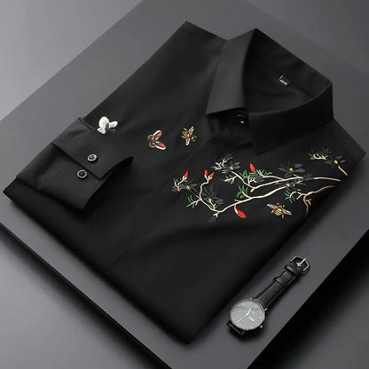 sanyamk New Spring and Autumn Premium Chinoiserie Embroidery Polo Long Sleeve Slim Fashion Casual Business Men's Versatile Shirt