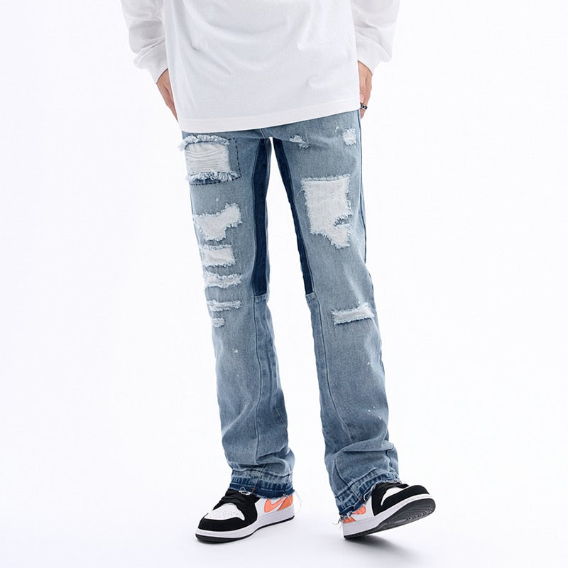 Bonsir Contrast Color Hole Ripped Distressed Blue Men's Jeans Pants Retro Streetwear Frayed Baggy Casual Flare Denim Trousers Oversize