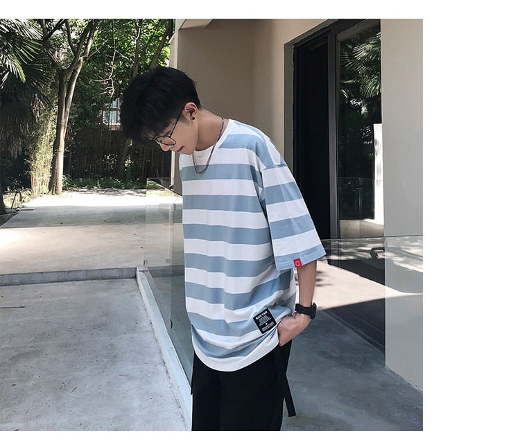 Bonsir New stripe Mens T Shirt Cotton  Summer  Male Oversized Tee Shirts 5XL Big Size Japanese Harajuku street Fashion Clothing