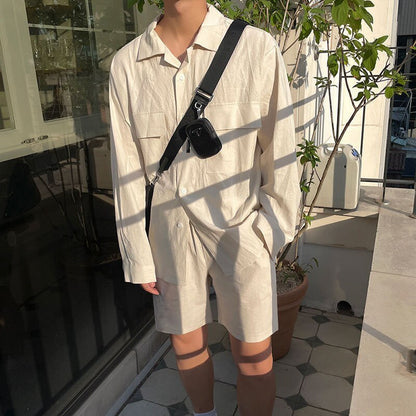 sanyamk Summer Men's Suit Solid Color Two-piece Sets Lapel Long Sleeve Shirt Elastic Waist Shorts 2023 Korean New Fashion