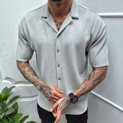 sanyamk Leisure Solid Color Ribbed Shirts Men Clothes Fashion Short Sleeve Lapel Button Shirt 2023 Spring Summer Men's Casual Streetwear