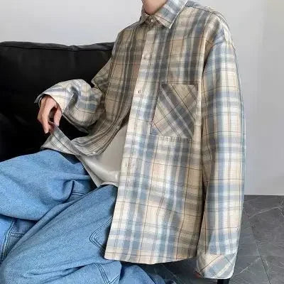 sanyamk Casual Plaid Long Sleeve Shirt For Men Trendy Brand Ins Loose Fit Jacket Shirt Spring Autumn Season