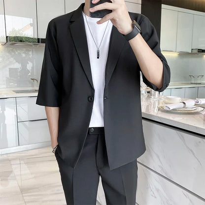 sanyamk Summer Short Sleeved Blazer Men Slim Fit Fashion Social Mens Dress Jacket Korean Casual Suit Jacket Mens Office Formal Jackets