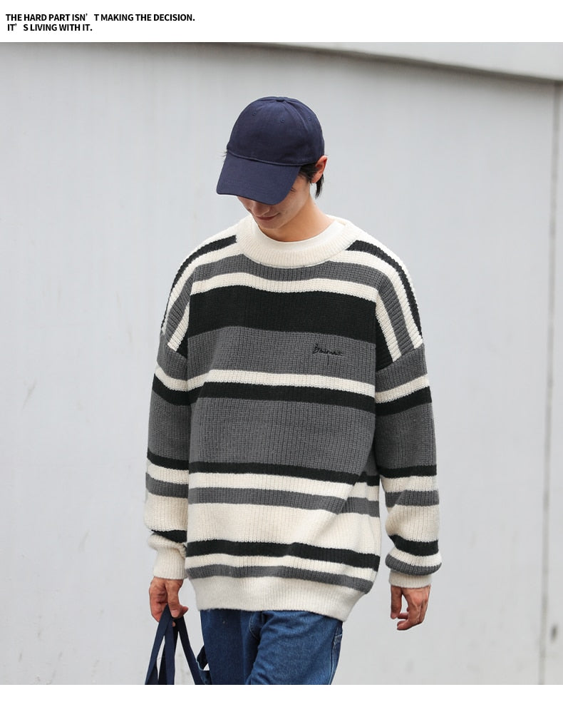 Bonsir Winter Warm retro Sweater Men Trend stitching Turtleneck Mens Pullover thick Slim stripe Sweaters Tops Knitted Men's Jumper