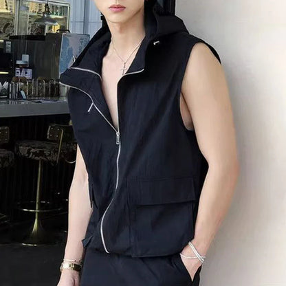 sanyamk Mens Y2k Functional Multi-Pocket Casual Hooded Vest 2024 New Genderless Fashion Loose Solid Color Sleeveless Tank Top Unisex