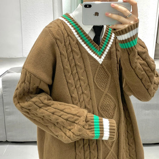 Bonsir Winter V-neck Sweater Men New Patchwork Color Knitted Sweater Pullover Harajuku Couple Streetwear Loose Knitwear Oversized 2XL