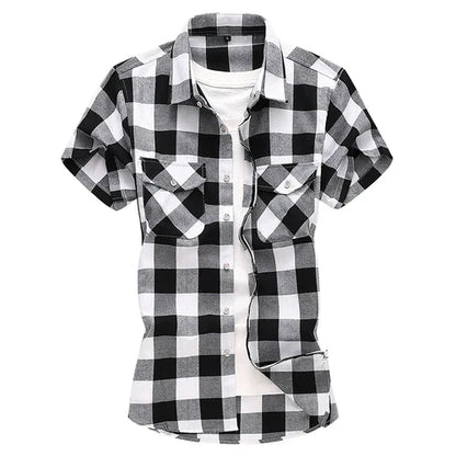 sanyamk Striped Plaid Short-sleeved Shirt Men's Single-breasted Square Collar Cotton Shirts Summer Fashion Casual Camisa Men Chemise 7XL